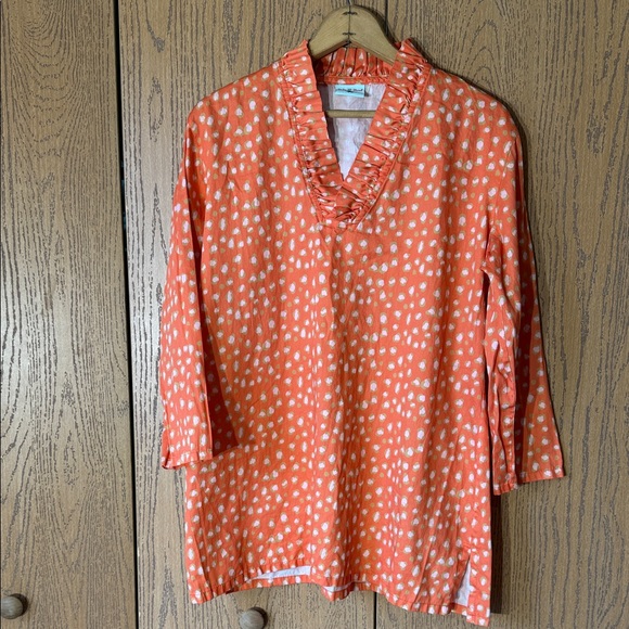 Holly and the Hound Orange Spotted 3/4 Sleeve Ruffle V-Neck Blouse Size XL - Picture 1 of 12